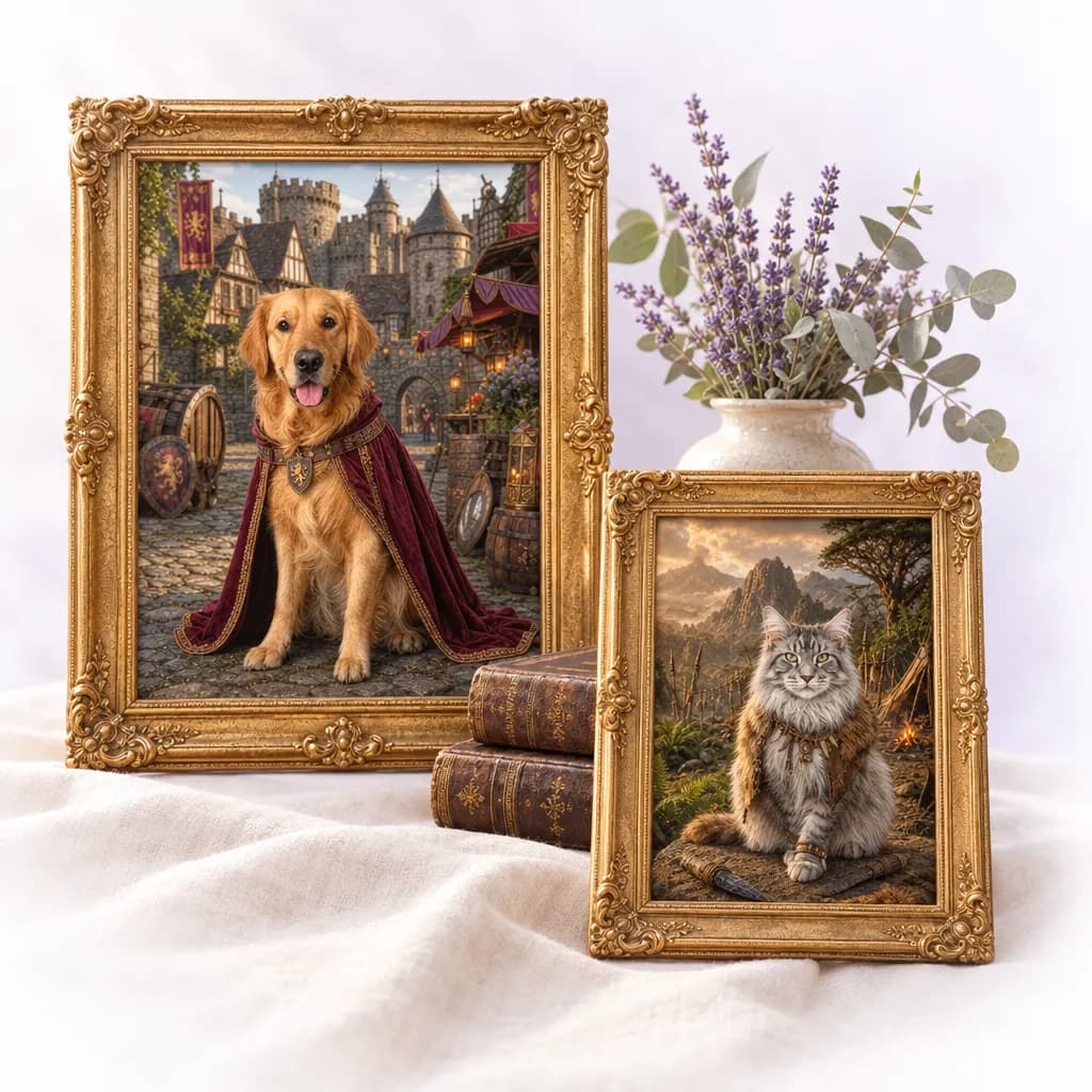 Twee Fur Forever-portretten in vergulde lijsten op een tafel met linnen